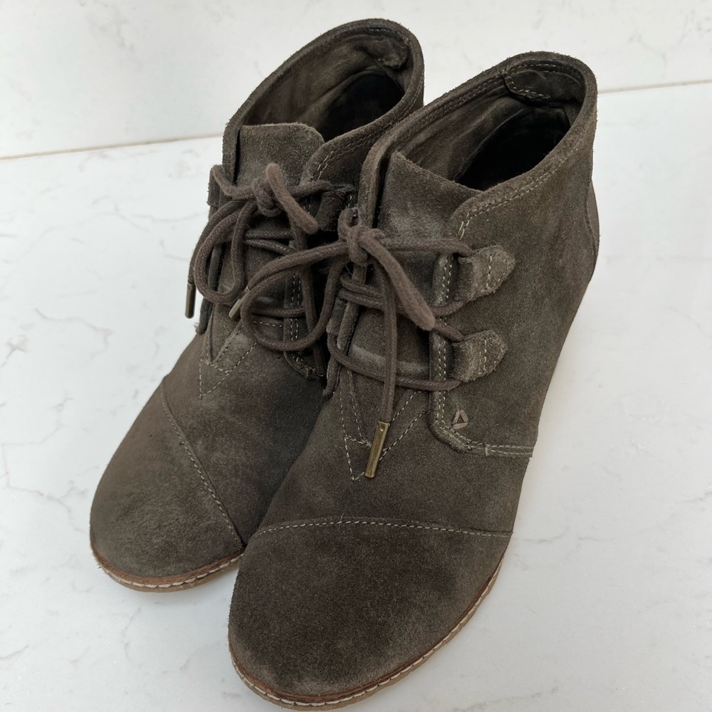 Tom’s suede ankle wedge boot.